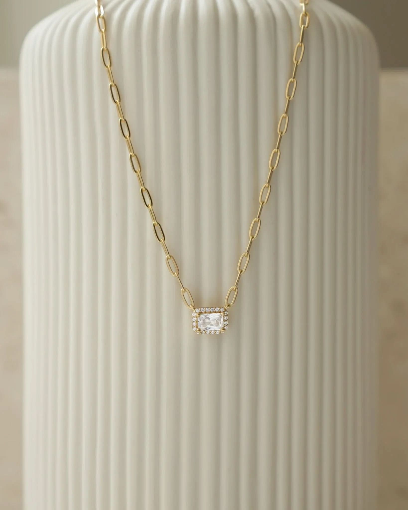 Halo Baguette Necklace w/ Paperclip Chain